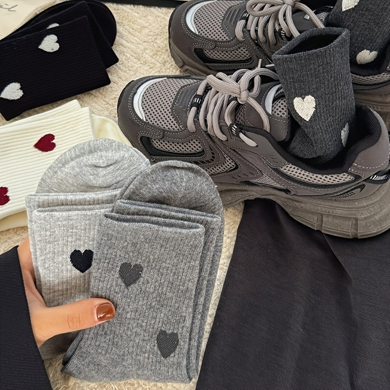 5 Pairs Cozy Women'S Knee-High Socks with Heart Pattern - Polyester and Spandex Blend, Knit Fabric, Machine Washable