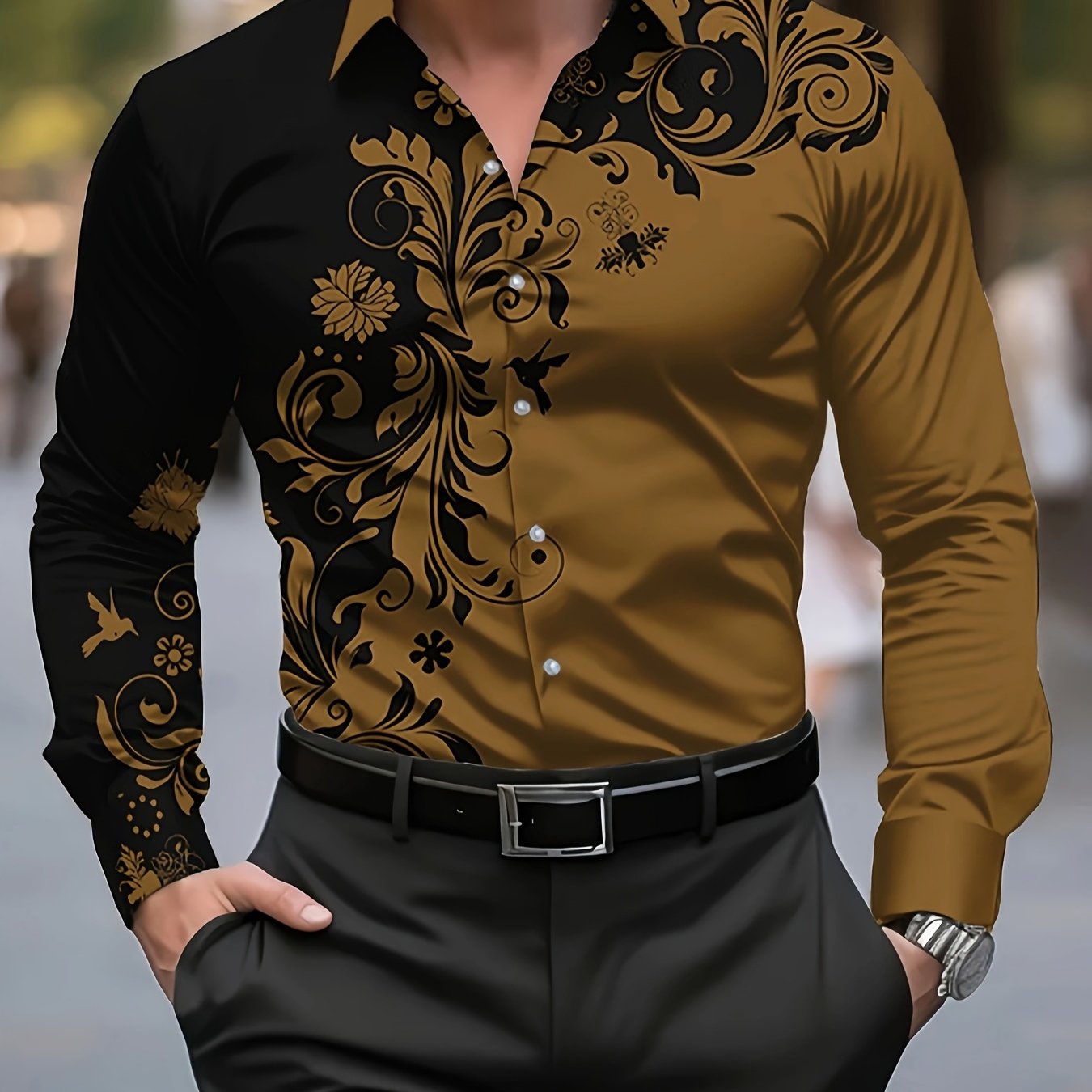 Men'S Casual Floral Print Dress Shirt - Black & White Swirl Design, Button-Up Collar, Long Sleeve, Regular Fit for Spring/Fall, Versatile for Casual & Formal Wear, Spring Fashion, Nonelastic Fabric, Elegant Shirt For Men, Lon