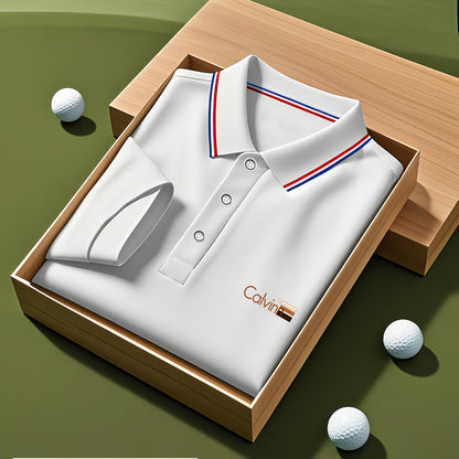 A Single-pc Men'S Polo Shirt with Letter Patterns, Golf Shirt, Breathable Fabric, Cool And Comfortable | Soft And Breathable, Striped Short-Sleeve T-Shirt with Button Details, Solid Color Casual, Regular Fit Multi-Color Set, - ayq