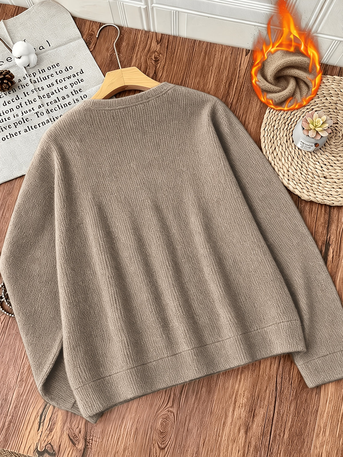 Women's Plush Long Sleeve Crew Neck Sweater - Casual Warm Pullover