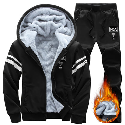 Autumn and Winter Men's Sports and Casual Suit, Men's Plus Velvet Thickened Sports Suit, Hooded Open Cardigan Fitness Suit, Warm Home Suit, Two-piece Set