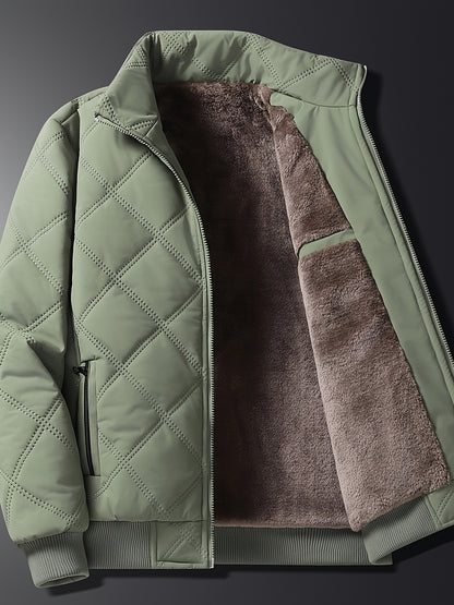 Men's Quilted Fleece Jacket with Stand Collar & Full-Zip Closure - Thick Winter Coat, Black/Brown & Warm Lining, Casual Outdoor Winter Wear for Skiing,, Cold Weather (Hand Wash/Dry Clean)