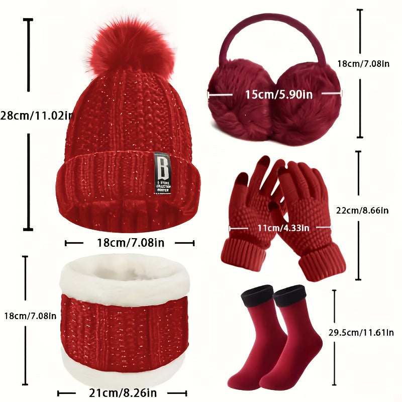7pcs Winter Thermal Set - Heavy-Duty Cold Weather Outfit with Hat, Gloves, Plush Earmuffs, Thermal Socks - Full Set for Skiing, Snowboarding, Ice Skating, Winter Hiking - Burgundy/Black/White Color Options - Ideal Christmas G