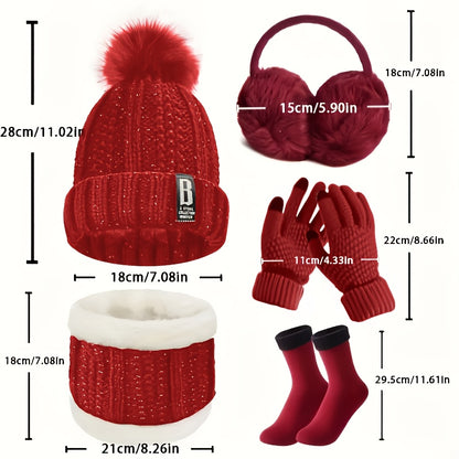 7pcs Winter Thermal Set - Heavy-Duty Cold Weather Outfit with Hat, Gloves, Plush Earmuffs, Thermal Socks - Full Set for Skiing, Snowboarding, Ice Skating, Winter Hiking - Burgundy/Black/White Color Options - Ideal Christmas G