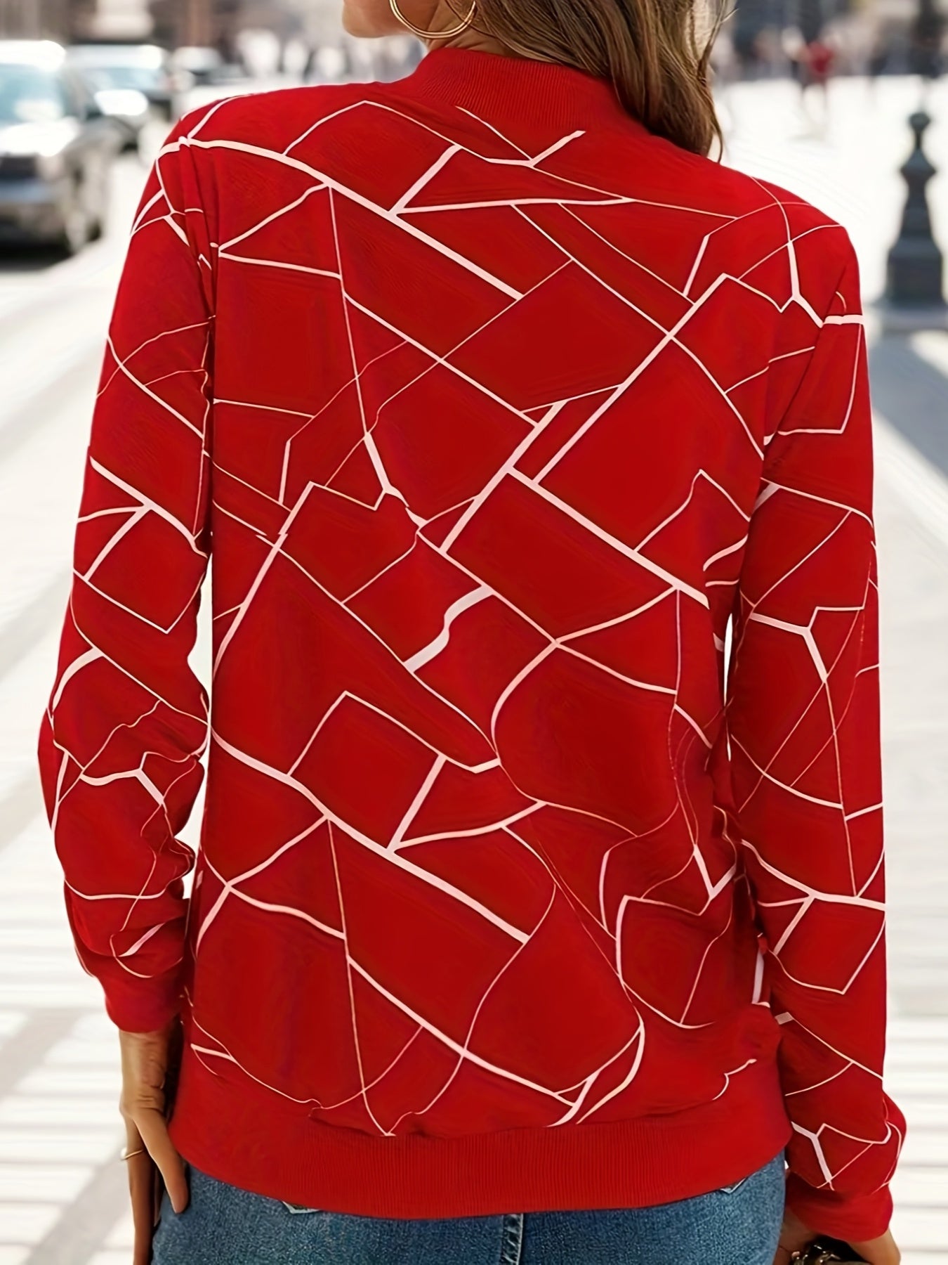 Women's Elegant Black & White Geometric Print Full-Zip Jacket - Casual to Formal Outerwear, Machine Washable Long Sleeve Coat with Full-Zip Front, Relaxed Fit Tapered Hem & Structured Collar for Spring Summer Fall, Casual to