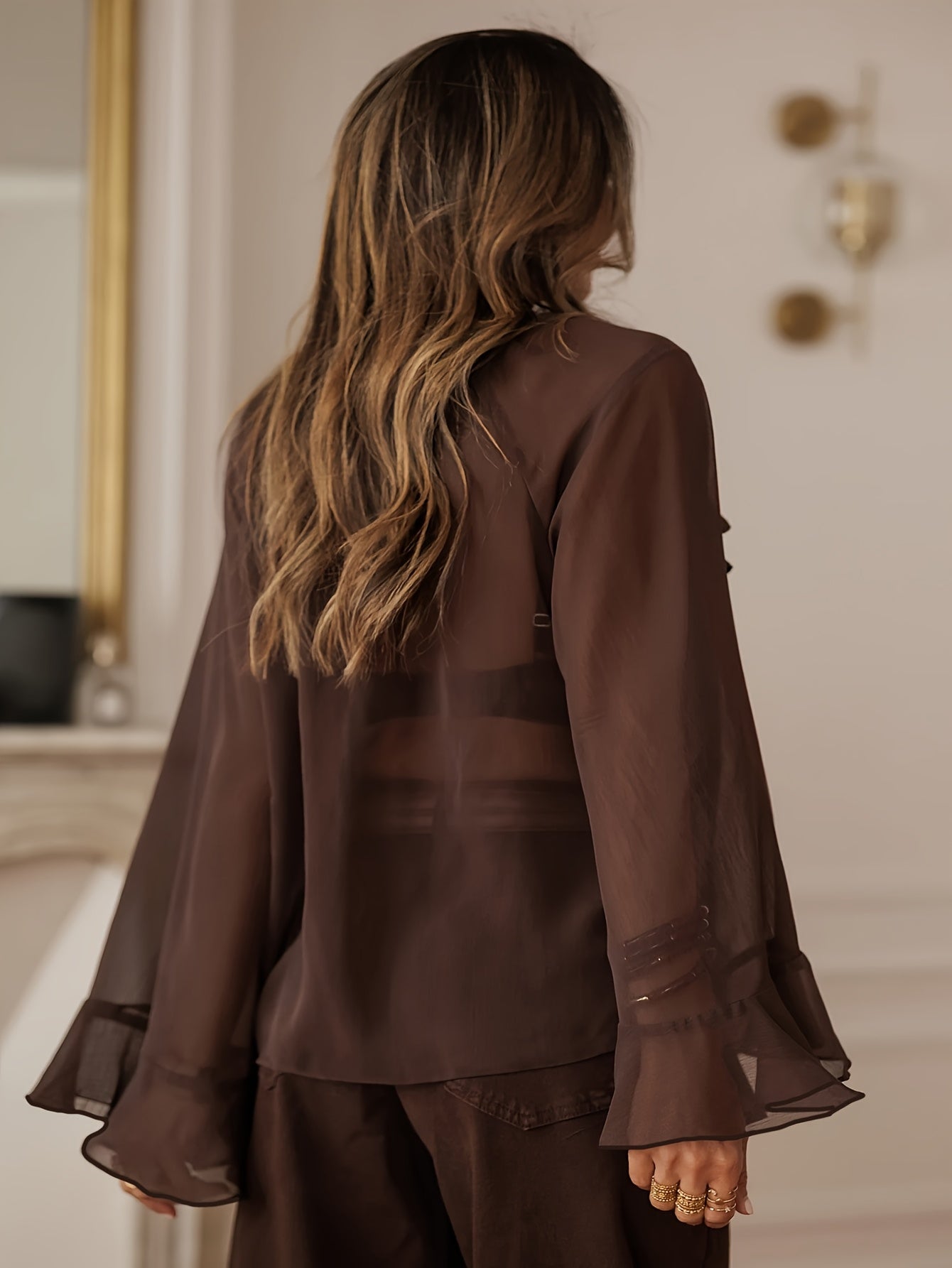 Elegant Maya Style Ruffle Trim V-Neck Shirt for Spring/Fall