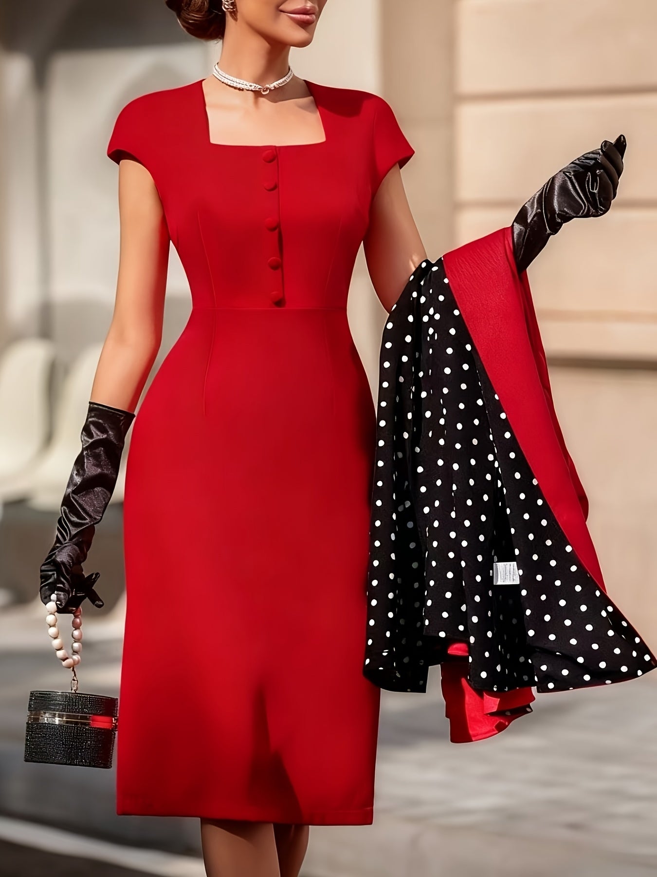 Women's Vintage Red Dress Set, Polka Dot Spliced Flared Sleeve Outfit, Square Neckline Waist-Cinching Dress + Trench Coat Two-Piece Set, Vintage Red Square Neckline Dress with Polka Dot Spliced Outerwear, Elegant New Year Par