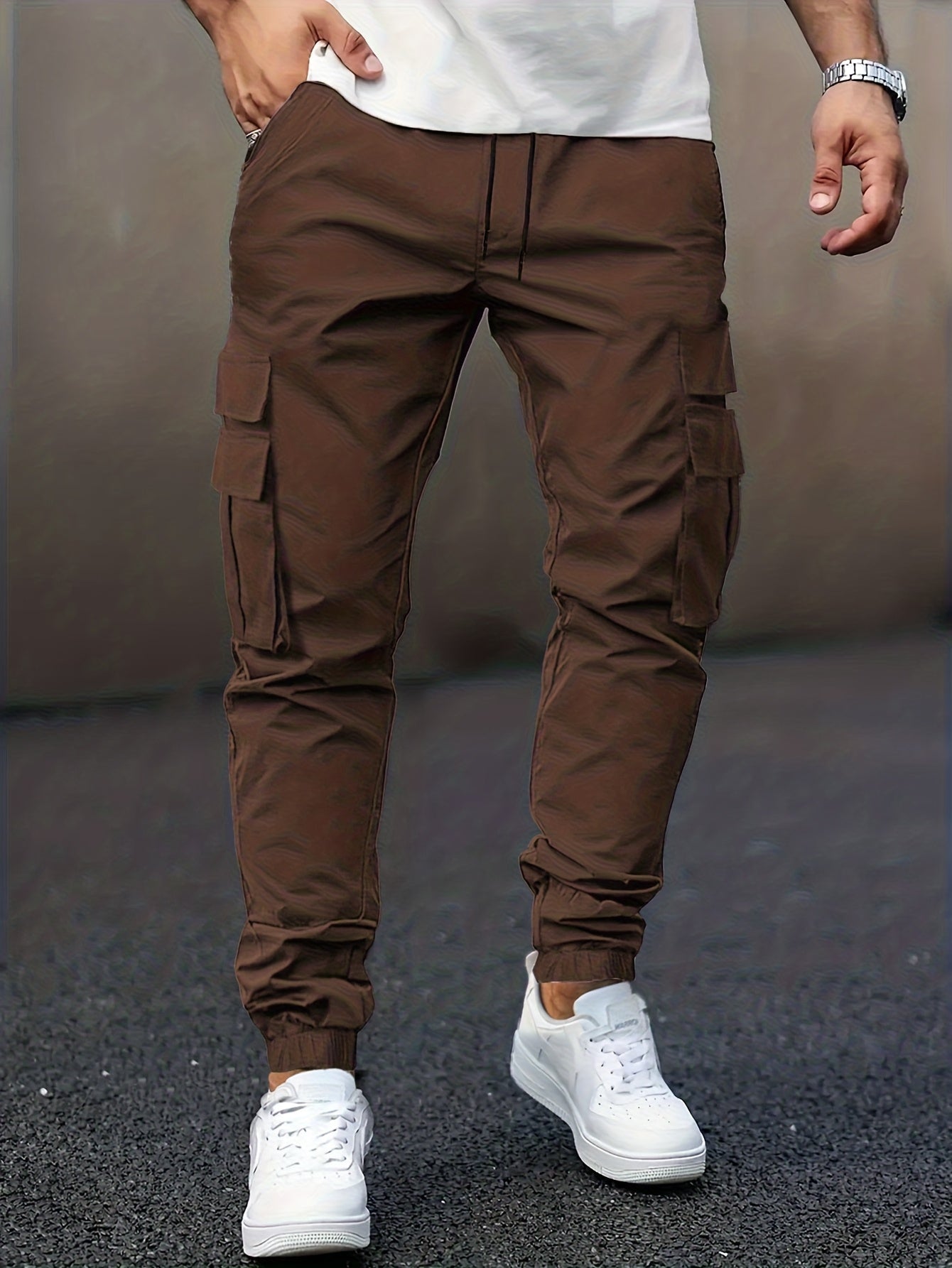 Men's Casual Solid Color Cargo Pants with Drawstring Waist