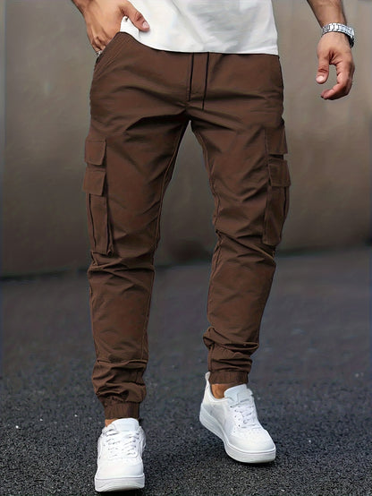 Men's Casual Solid Color Cargo Pants with Drawstring Waist