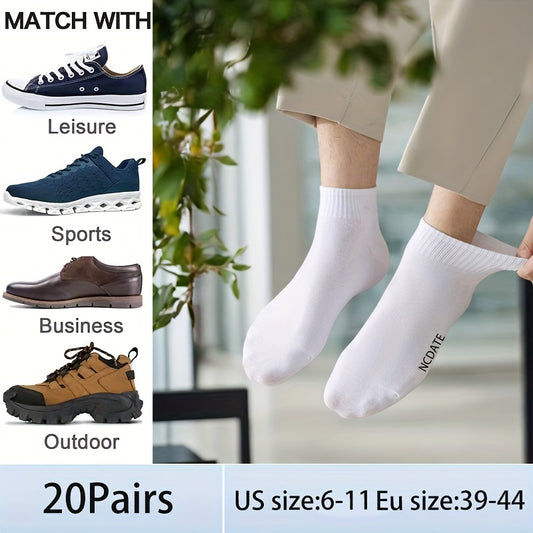 20pcs Men's Breathable Low-Cut Athletic Socks - Versatile Black, White, Gray with Letter Print, Sweat Absorbent Polyester Blend, Comfort Fit for Sports, Leisure & Business Casual, US Sizes 6-11
