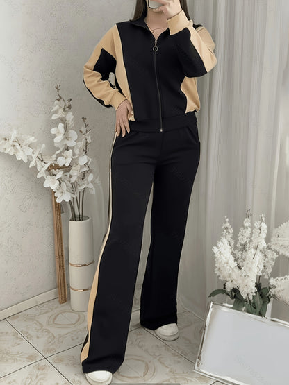 Women's Casual Color-Block Zipper Pants Set for Spring & Fall