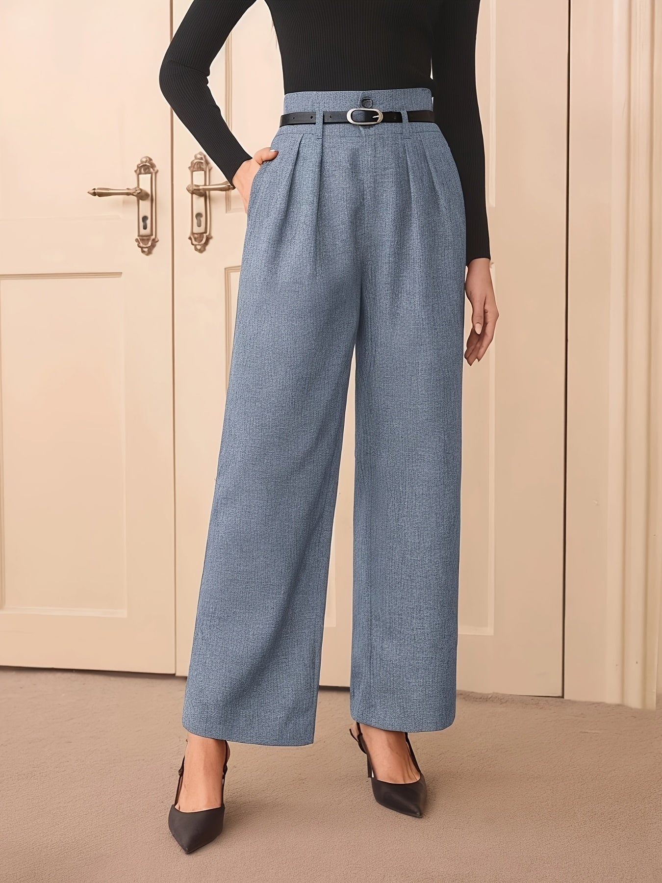 Large Elegant High-Waist Gray Wide Leg Pants for Women - Polyester Blend, Casual Straight Cut, Non-Stretch Solid Color, Long with Button Detail, All-Season Wear