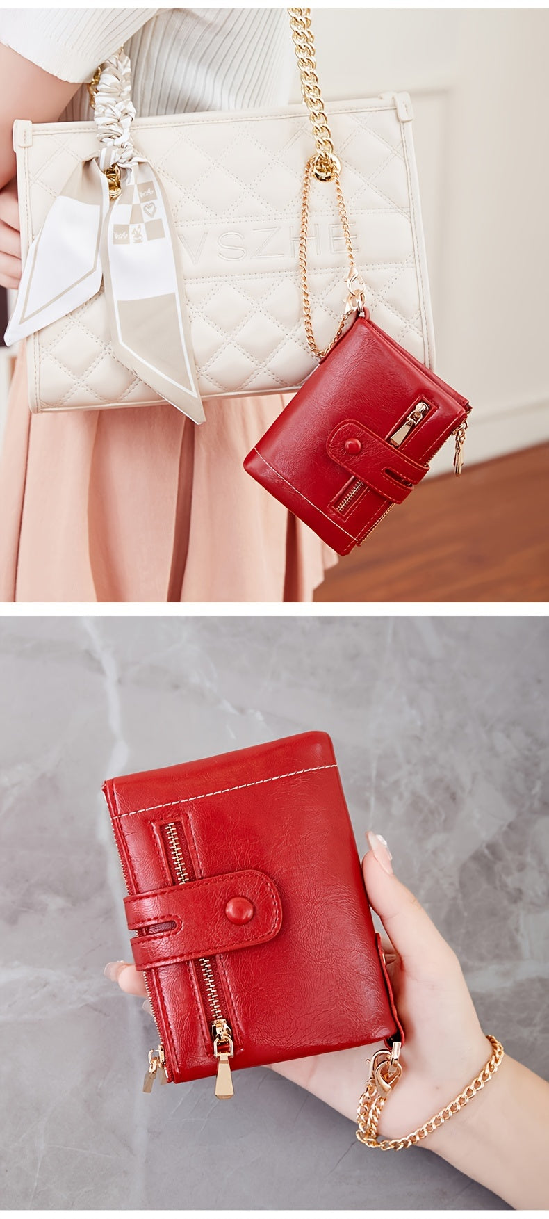 MIYIN Women'S & Men'S Red Bifold Wallet with Anti-Theft Chain Lock, Golden-Tone Hardware & Removable ID Window - Multi-Compartment Organizer with Card Slots