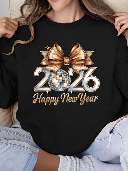 Women'S 2026 Happy New Year Disco Ball Sweatshirt - Black with Golden Glitter & Bow Graphic, Cozy Round Neck Long Sleeve Casual Pullover for Winter, Festive Party Outfit & Casual Attire, New Year Shirt, Yorkshire Terrier Swea