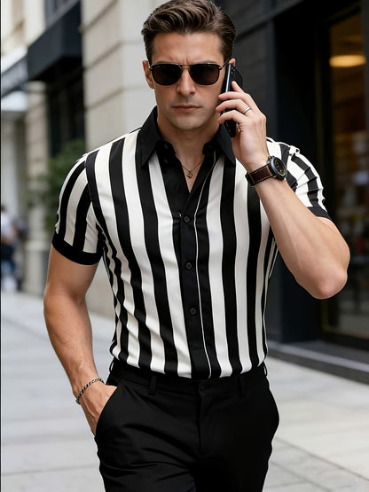 Men's Casual Striped Short-Sleeve Polyester Shirt