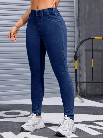 Women's Fashionable Dark Blue Skinny Jeans - Stretch Denim with Elastic Waistband, Comfortable and Elegant, Non-Transparent Blend