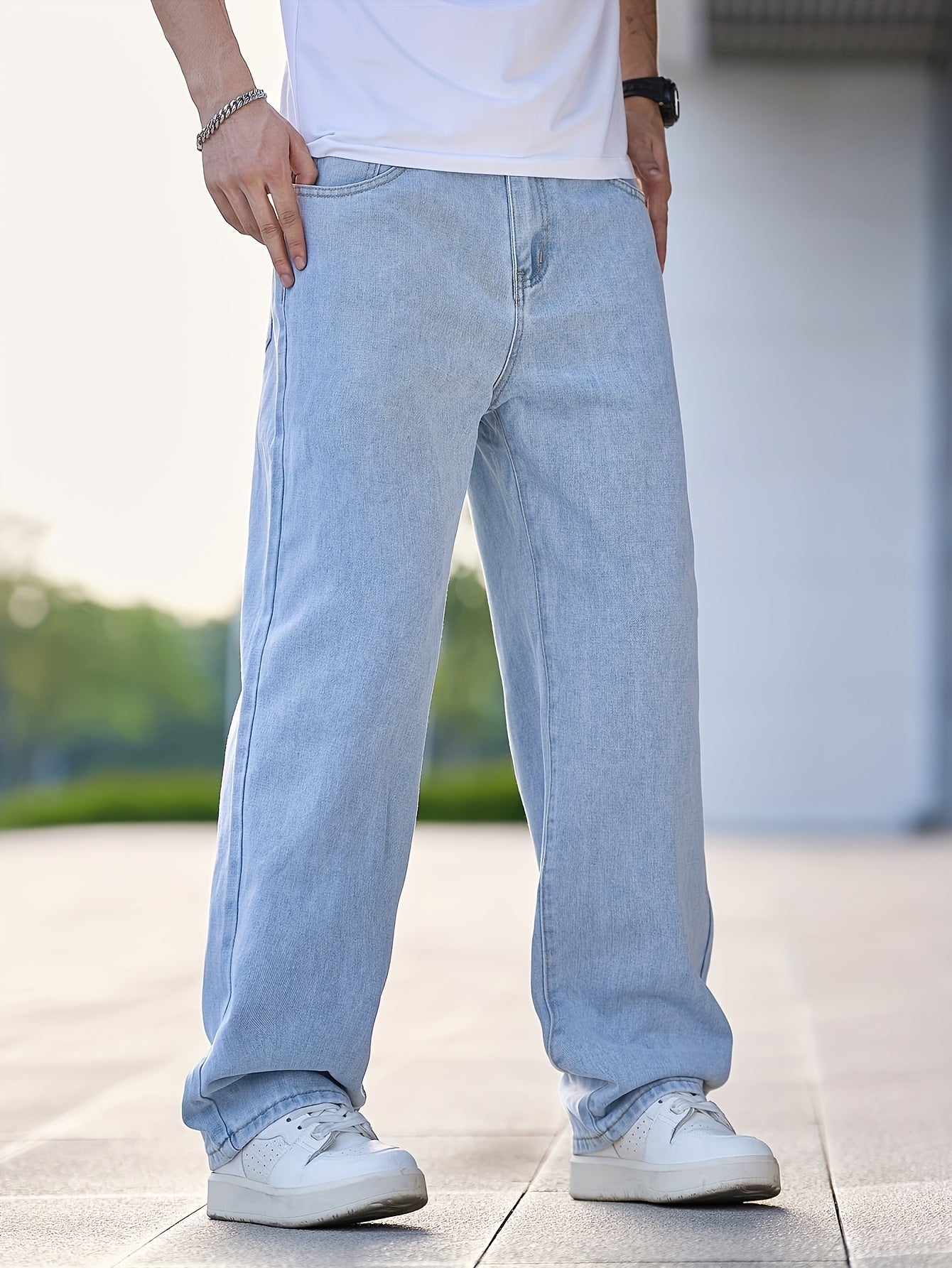 1pc Men'S Casual Washed Denim Jeans, Loose Fit Straight Leg, Solid Color, Non-Stretch Fabric, All-Season Woven Pants - Regular Length