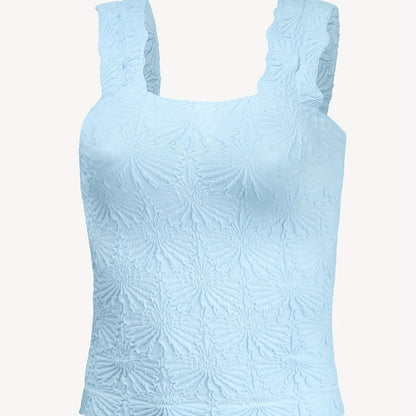 Women's Fashion Cami Tank Top With Jacquard Floral, Wide Shoulder Strap Square Neck Tank Top, Women's Activewear