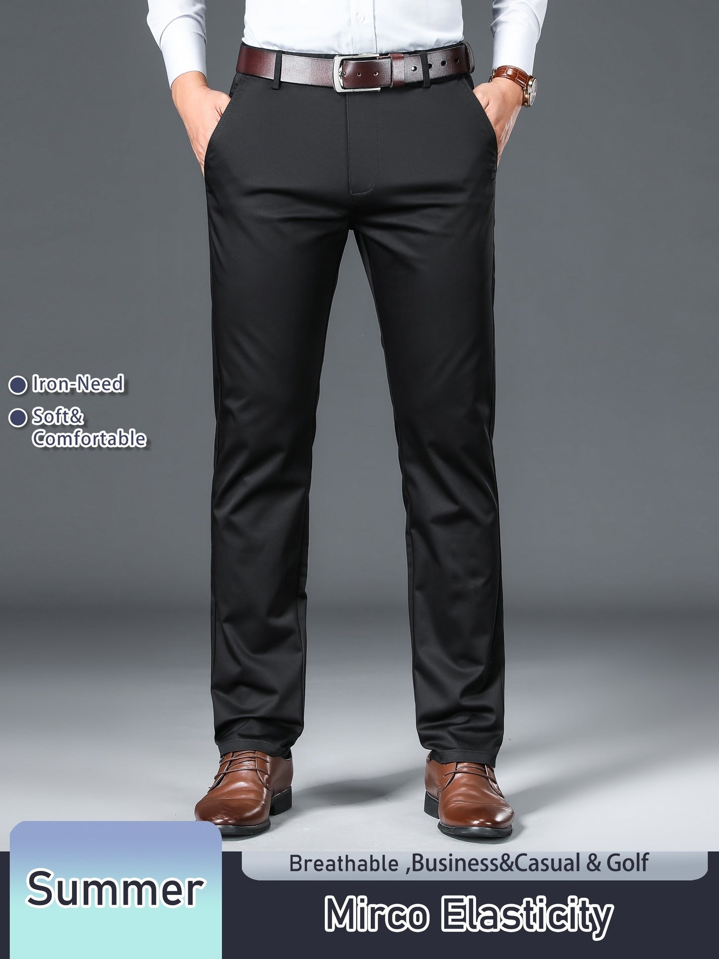 Men's Solid Color Straight Leg Business Style Cotton Blend Pants, Casual Comfy Breathable Outdoor Trousers As Gift