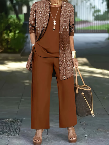 Elegant Women's 3-Piece Ethnic Set with Printed Blazer & Pants