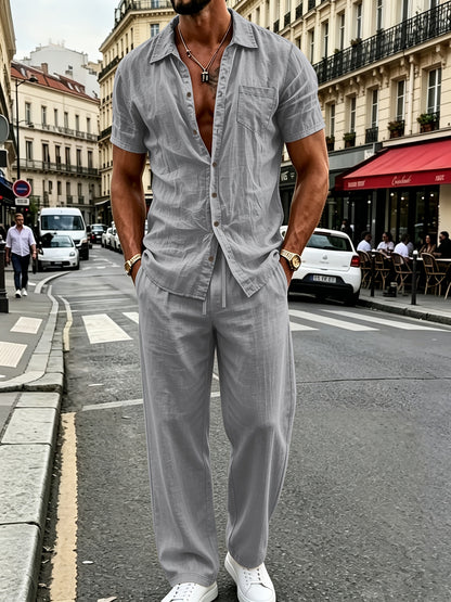 Men's Casual Linen Shirt and Pants Set for Summer Comfort