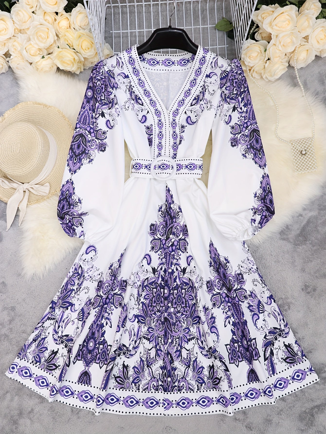 Holiday Cheer] Women's Bohemian Floral Print Half-Sleeve Midi Dress with Belt - V-Neck, Lightweight Polyester, Perfect for Summer Vacations, Casual Summer Wear|Print Casual Dress|Lightweight Dress, Holiday Dress