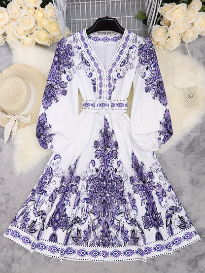 Holiday Cheer] Women's Bohemian Floral Print Half-Sleeve Midi Dress with Belt - V-Neck, Lightweight Polyester, Perfect for Summer Vacations, Casual Summer Wear|Print Casual Dress|Lightweight Dress, Holiday Dress
