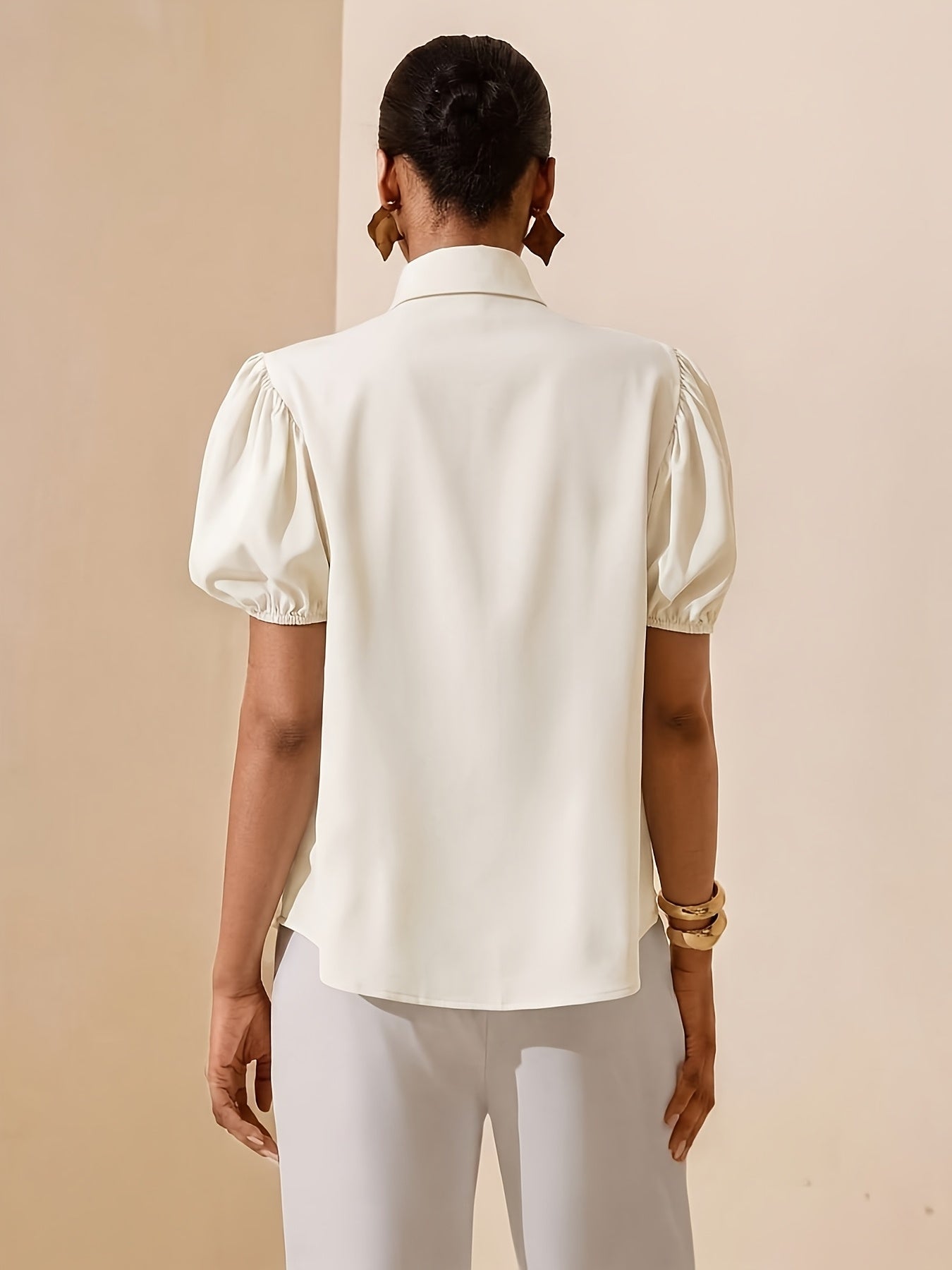 Women's Elegant Solid Color Puff Sleeve Shirt with Metal Buttons