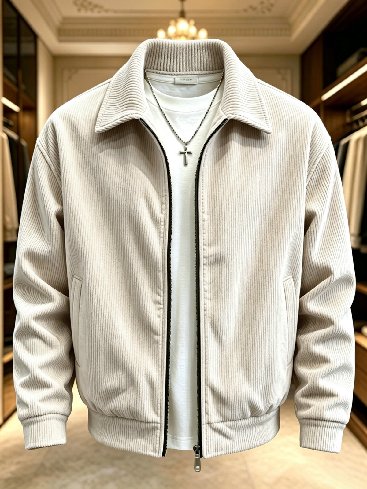 Men's Lightweight Fall Jacket with Lapel Collar and Zipper