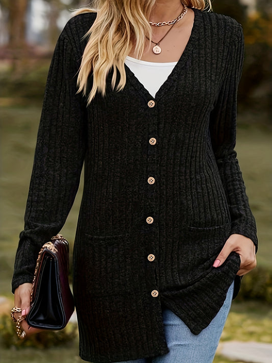 Elegant Plus Size Women's Solid Color Black Cardigan - Long Sleeve, Ribbed Knit with Button Front, V-Neck, Machine Washable - Stylish Fall/Winter Outerwear, Plus Size Cardigan