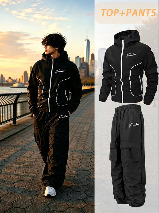 Men's Hooded Windproof Jacket & Cargo Pants Sportswear Set