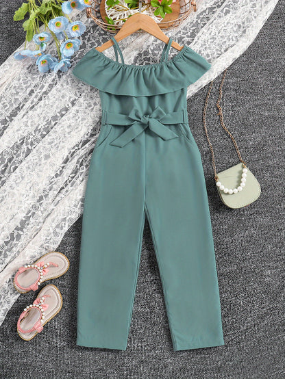 Girls Ruffle Cami Romper Belt Off Shoulder Նրբագեղ ամառային գարուն աշուն մանկական հագուստ