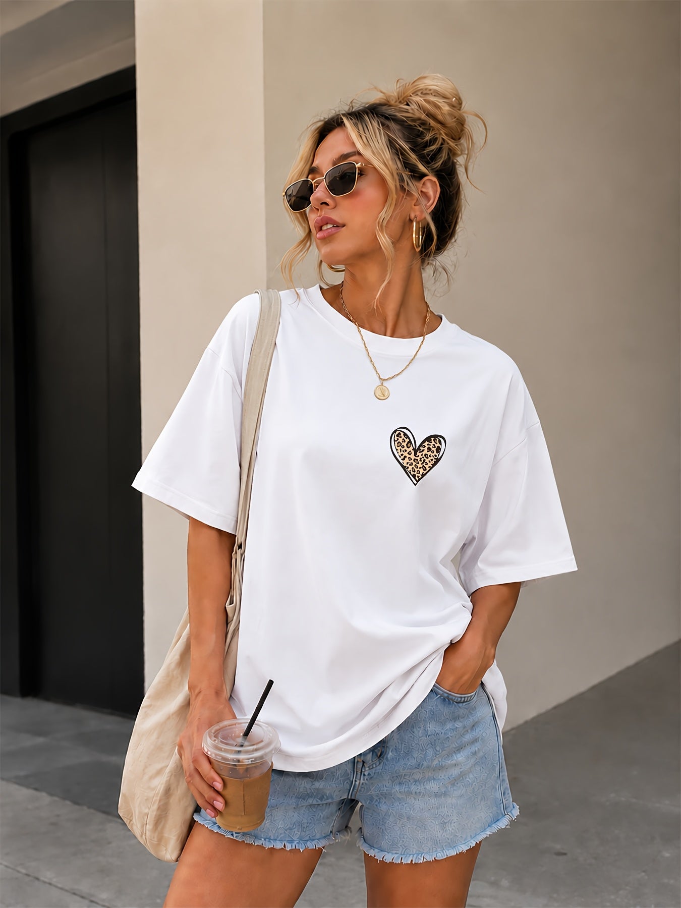 Women’s Loose Crew Neck Cotton T-Shirt with Leopard Heart Print