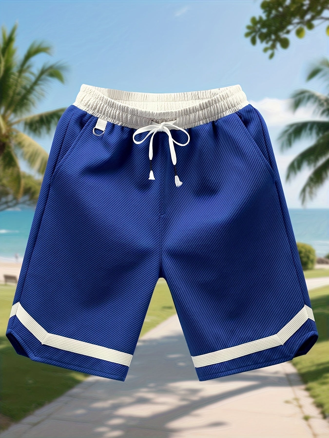 Men's Casual Color Block Polyester Summer Shorts with Drawstring