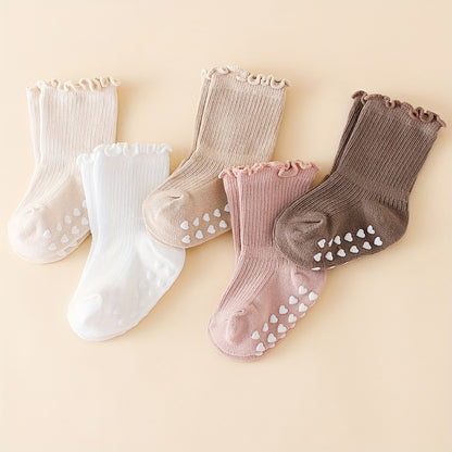 5 Pairs of Sweet And Cute Spring And Autumn Multi-Color Girls' Wood Ear Edge Non-Slip Mid-Tube Socks