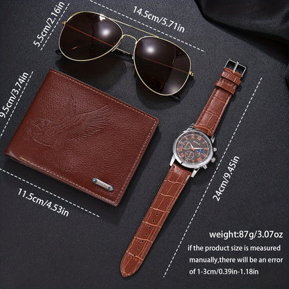 Տղամարդու 3 նորաձև և գրավիչ ժամացույցների, ակնոցների և դրամապանակի հավաքածու, որը հիանալի է տոների և հատուկ առիթների ժամանակ, ինչպիսիք են Շնորհակալության օրը, Հայրերի օրը, ծննդյան տոները և այլ հիշատակի տոնակատարությունները կրելու համար։