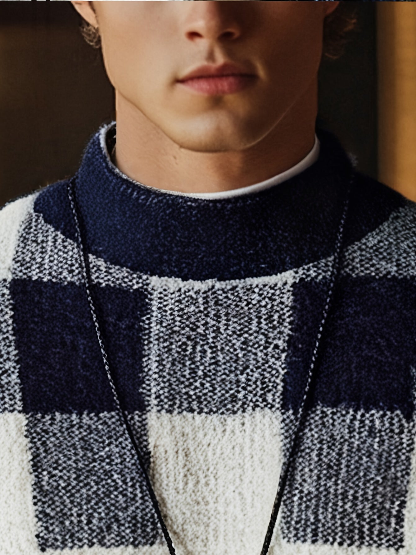 Տղամարդու կլոր վզնոցով սվիտեր, աշնանային և ձմեռային նոր ոճեր, նորաձև և բազմակողմանի, դիմացկուն, հաստ և տաք, երկար թևքերով, վանդակավոր նախշերով, մաշկին հարմար, հարմարավետ, փափուկ, երիտասարդական և նորաձև, նեղ չափսերով, նորաձև, գործնական