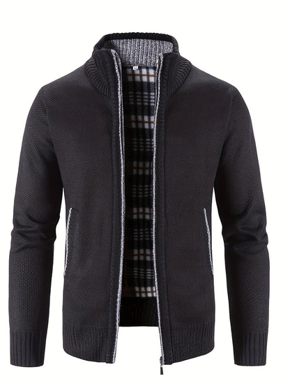 Men's Solid Fleece Knitted Cardigan With Pockets, Casual Long Sleeve Turtle Neck Zip Up Warm Sweater For Winter Fall Outdoor Activities