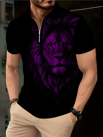 Men's Zip Shirt Short Sleeve Summer Trendy Lion Print Collar T-Shirt Business Casual Slim Fit Men's Top Women's Clothing - ayq