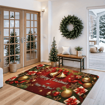 1pc Christmas & New Year Welcome Mat with Merry Christmas & Happy New Year Greeting, Red/Golden/Green Holiday Design, Non-Slip Backing, Heavy-Duty 600g/m² Polyester, Machine Washable Indoor/Outdoor Door Mat with Pine Branche