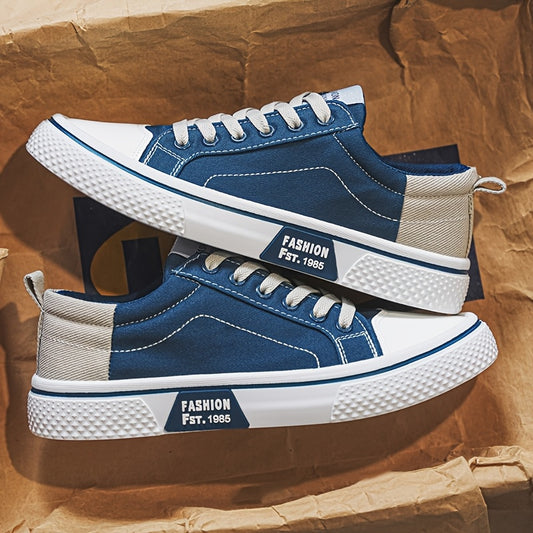 Men's Casual Canvas Sneakers - Low-Top Lace-Up Shoes with Navy Blue & White Color Block Design, Breathable Fabric Upper, Durable PVC Sole, Perfect for Casual Attire & Street Style