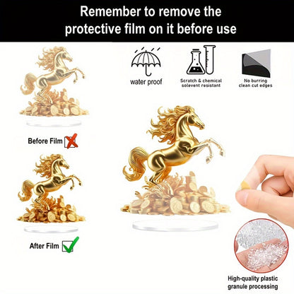 2D Flat, 1 Golden Lucky Horse Acrylic Desk Ornament with Coin Base- 2D Flat Print Wealth Decor, Suitable for Home Office Bedroom Living Room, Battery-Free Birthday and Housewarming Gift, Home Decoration& Accessories, 2D Flat