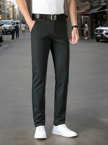Men's Sleek Stretch Dress Pants - Solid Color Black, Comfort Fit with Subtle Stretch, Polyester Fabric, Mid-Rise, Machine Washable, Perfect for Business Casual & All-Season Wear, Business Casual Pants | Sleek Trousers | Easyc