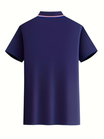 A Single-pc Men'S Polo Shirt with Letter Patterns, Golf Shirt, Breathable Fabric, Cool And Comfortable | Soft And Breathable, Striped Short-Sleeve T-Shirt with Button Details, Solid Color Casual, Regular Fit Multi-Color Set, - ayq