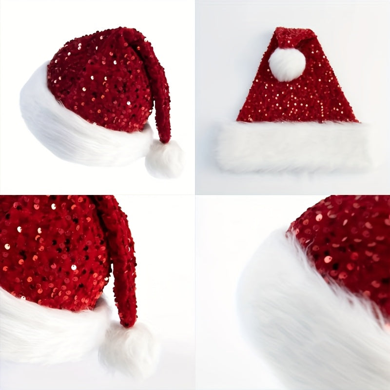 1pc Shiny Christmas Hat, Red Santa Claus Party Hat for Christmas New Year, Snowman Hat for Halloween Party, Santa Hat for Adults and Boys Girls, Double Layer Plush Trim Shiny Christmas Hat, for Holiday Parties and New Year Ce