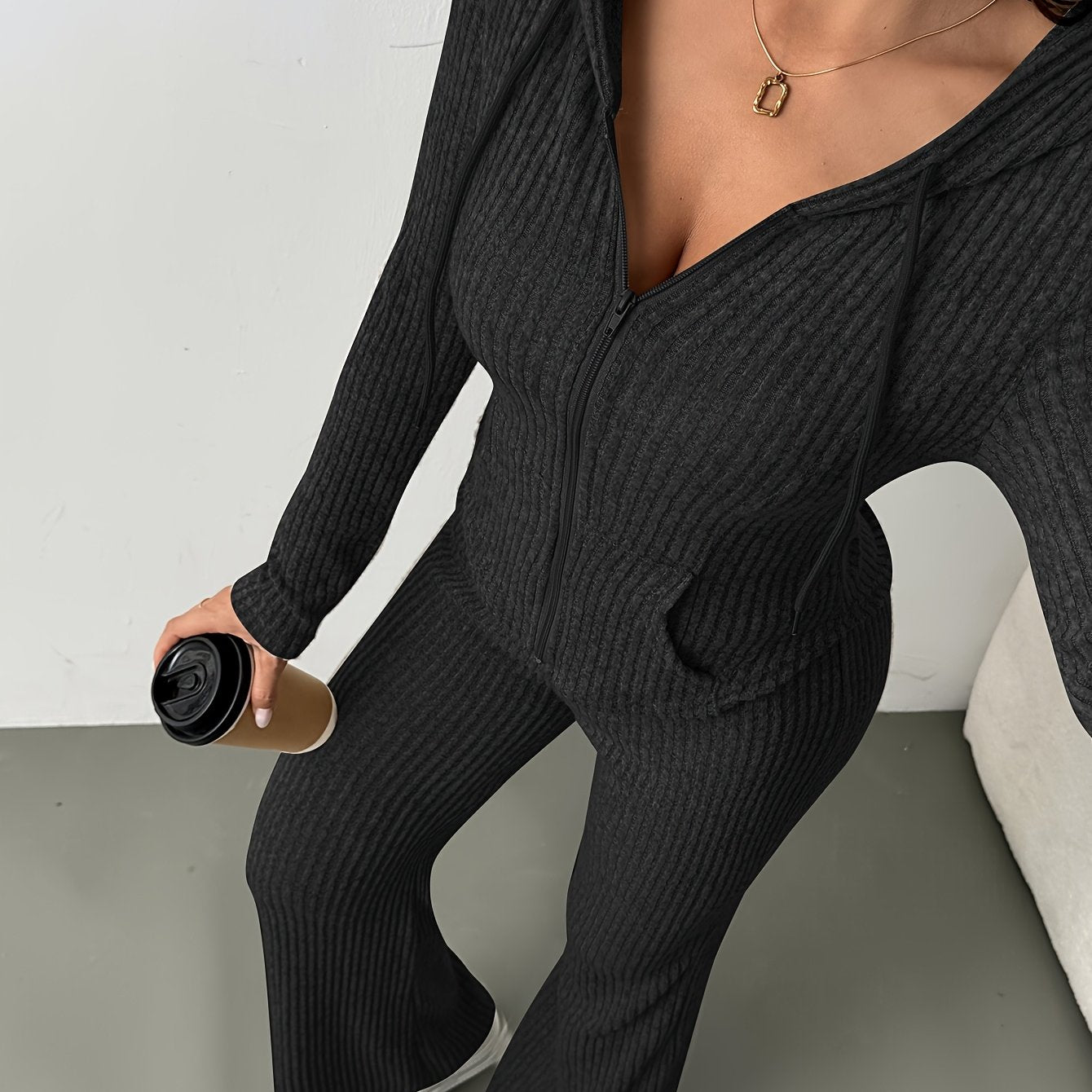 2pcs Women's Solid Color Hooded Zip-up Top and Casual Flared Pants Set - ayq