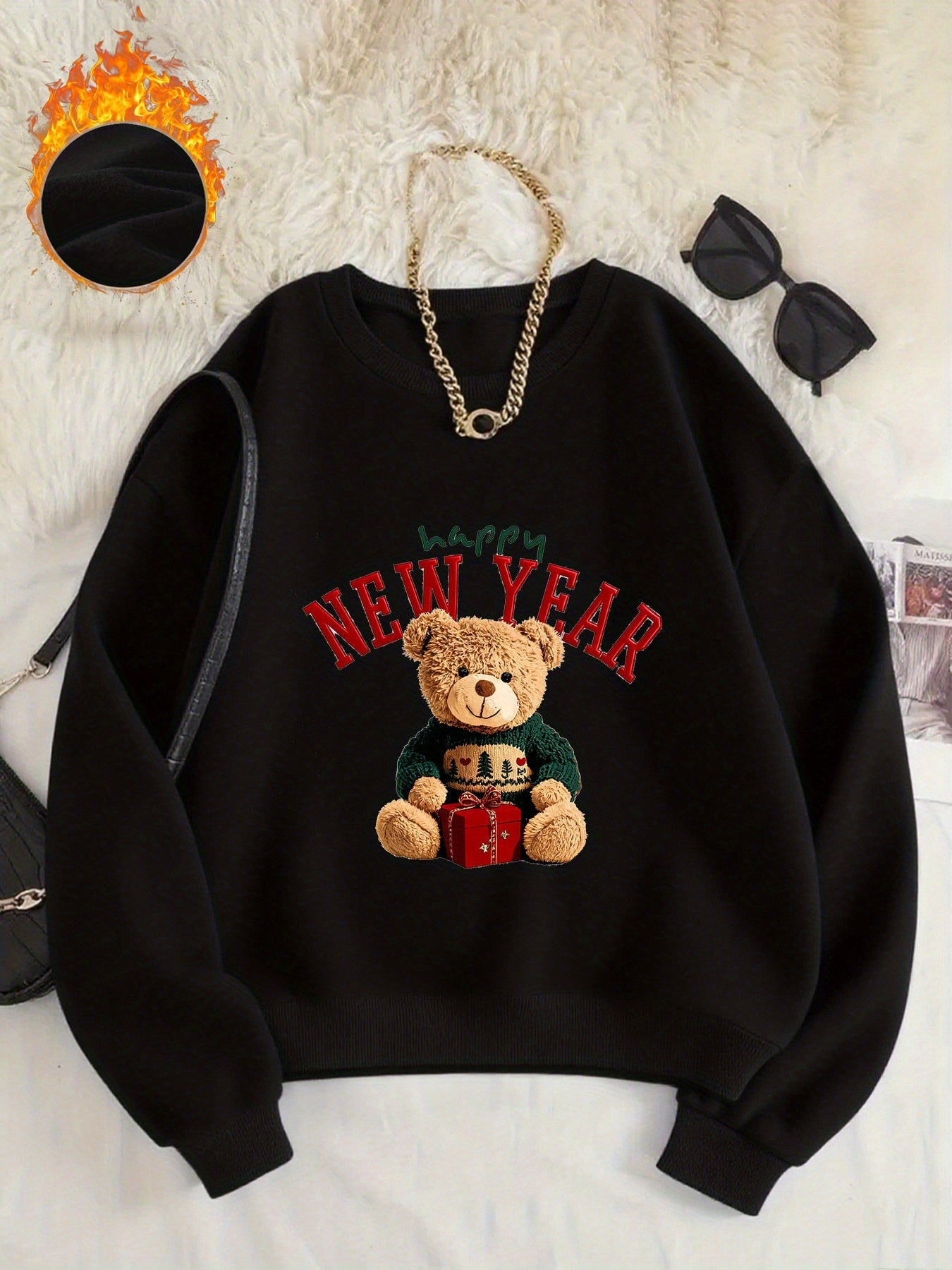 -Lined Women's Crewneck Pullover, Casual Printed Versatile Sweatshirt, Multiple Colors Available