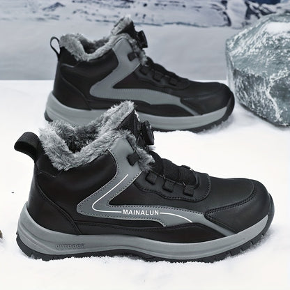 MAINALUN Men's Heavy-Duty Winter Snow Boots with Rotating Buckle Closure, PU Upper & PVC Sole - Thick Plush Lining, Warm Short Ankle Boots for Ice, Snow, Slush, Work, Outdoor (Adjustable Strap, Fit)