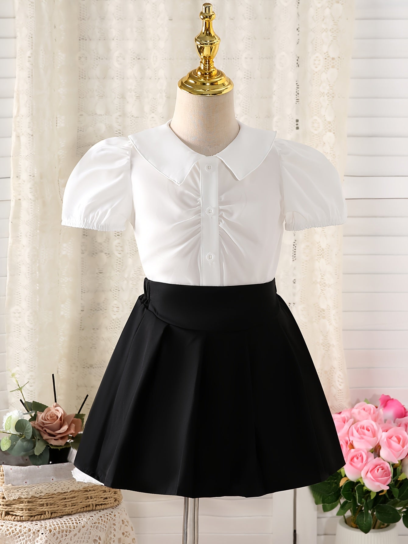 Girls' Preppy 2-Piece Puff Sleeve Top & Pleated Skirt Set