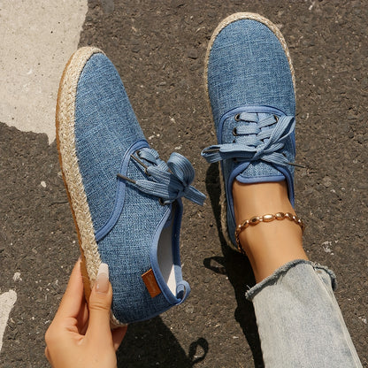 Women's Casual Solid Color Lace-Up Flats with Plain Toe, Lightweight Fabric Upper and Lining, TPR Sole, Versatile All-Season Comfort Shoes - Taizhou Origin